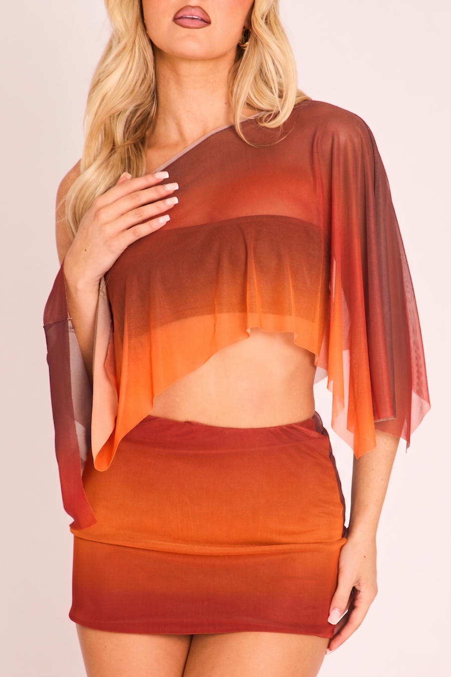 Chocolate Ombre Printed Mesh Cape 3 Piece Co-ord Set - Freddie