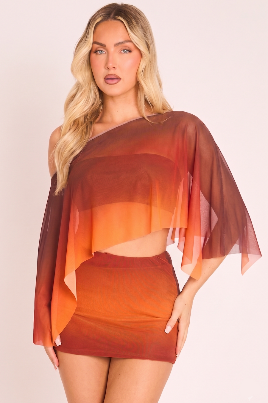 Chocolate Ombre Printed Mesh Cape 3 Piece Co-ord Set - Freddie