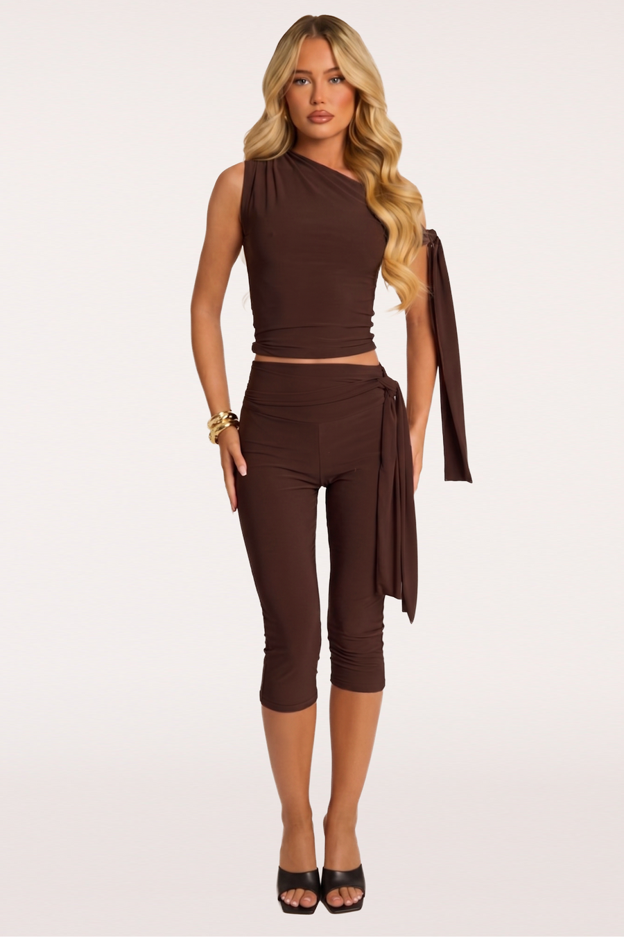 Chocolate Tie Shoulder Top and Capri Pants Co-ord Set - Genna