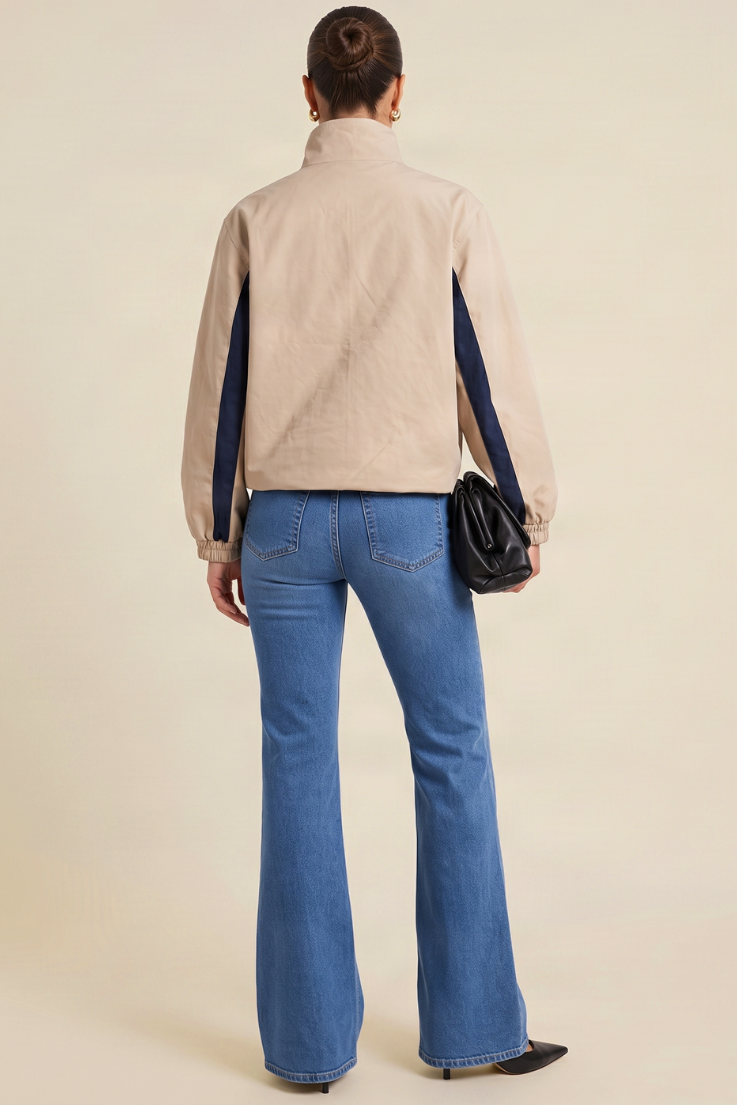 Taupe High Neck Contrast Stripe Zip Through Jacket - Stacy