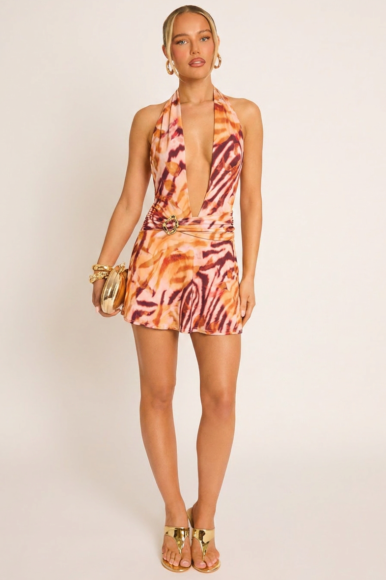 Orange Abstract Animal Print Trim Detail Halterneck Mini Dress - Malika