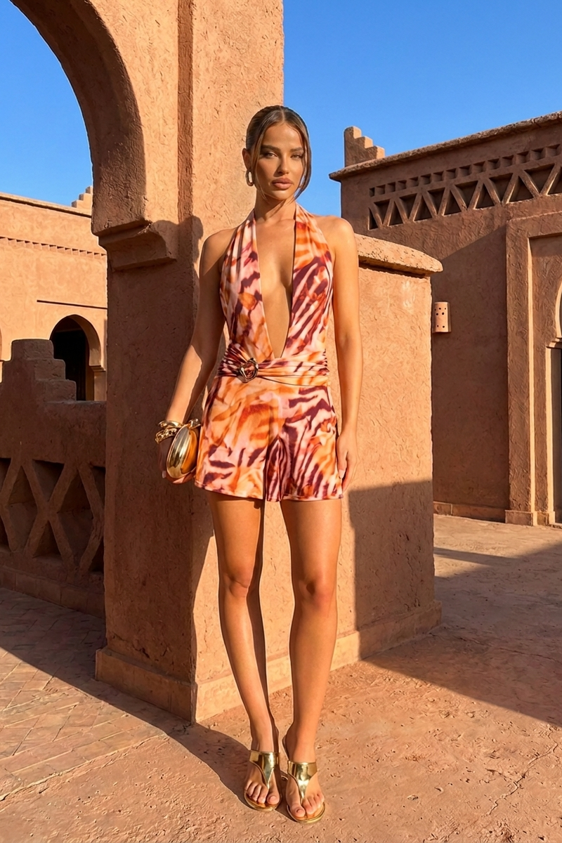 Orange Abstract Animal Print Trim Detail Halterneck Mini Dress - Malika