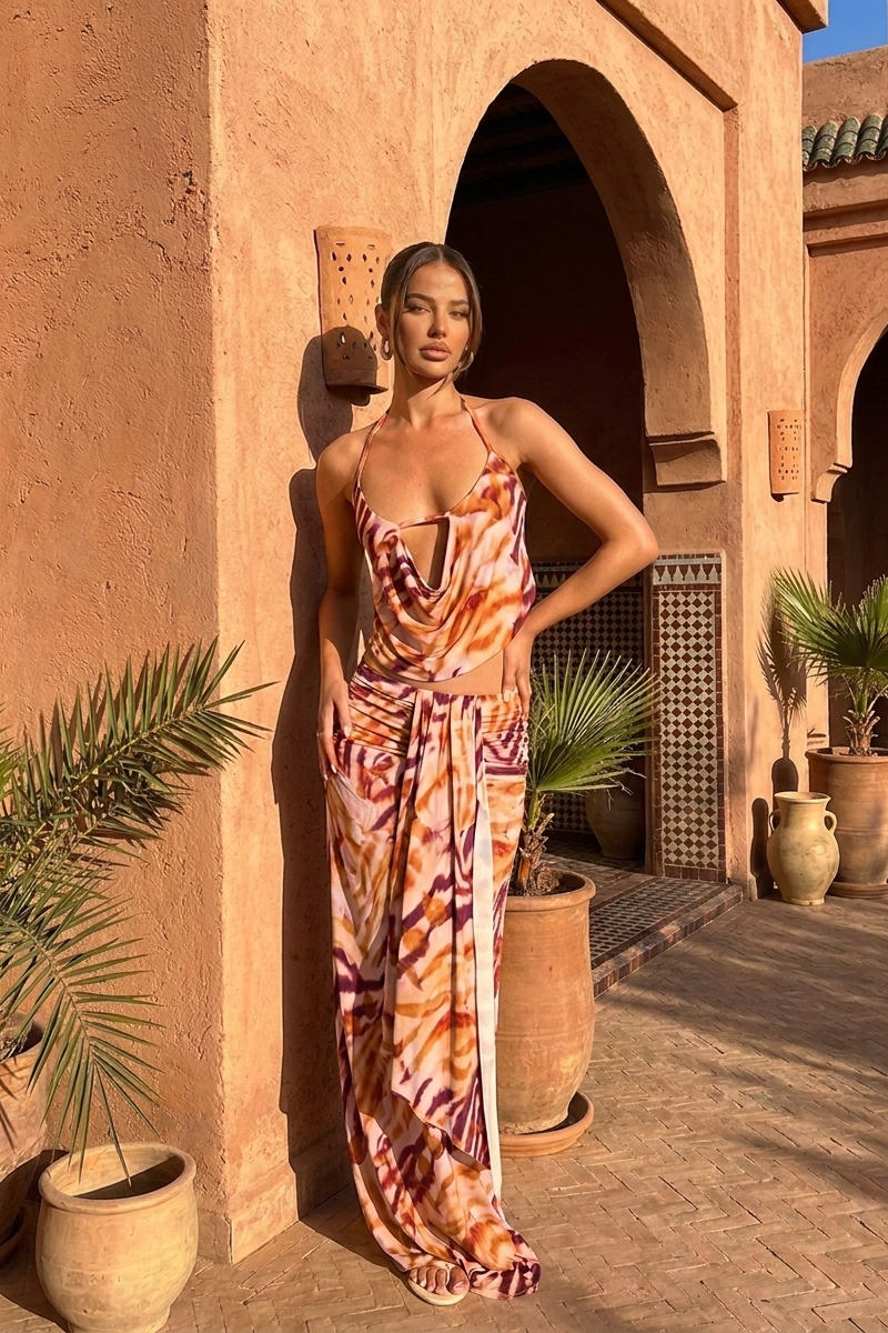 Orange Abstract Animal Print Strappy Halter Top and Maxi Skirt Co-ord Set - Marnia