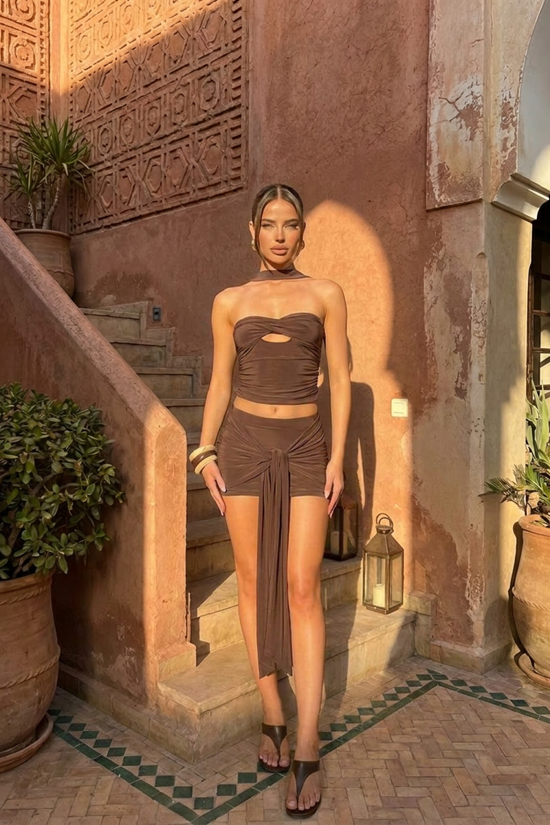 Chocolate Halter Bandeau Top and Mini Skirt Co-ord Set - Mirin