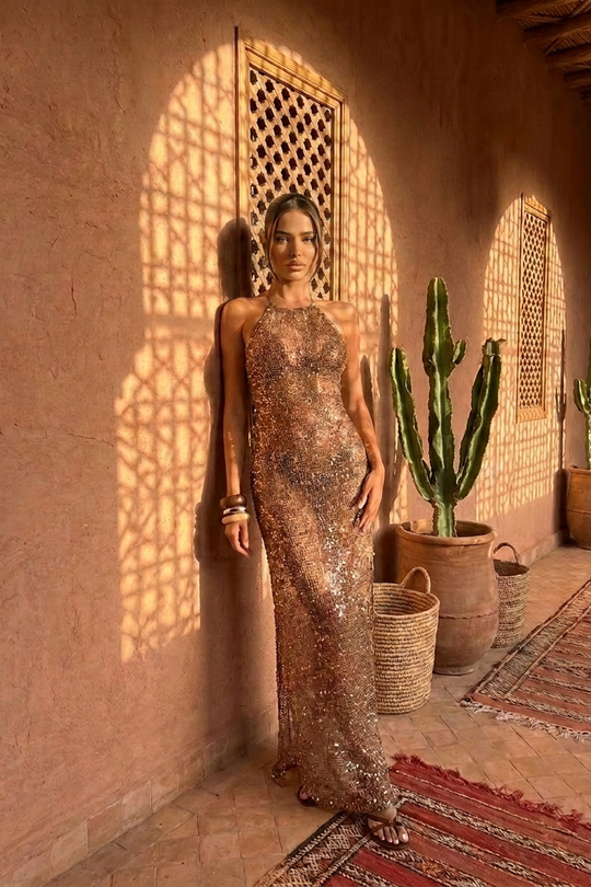 Chocolate Sequin Crochet Maxi Dress - Ciara