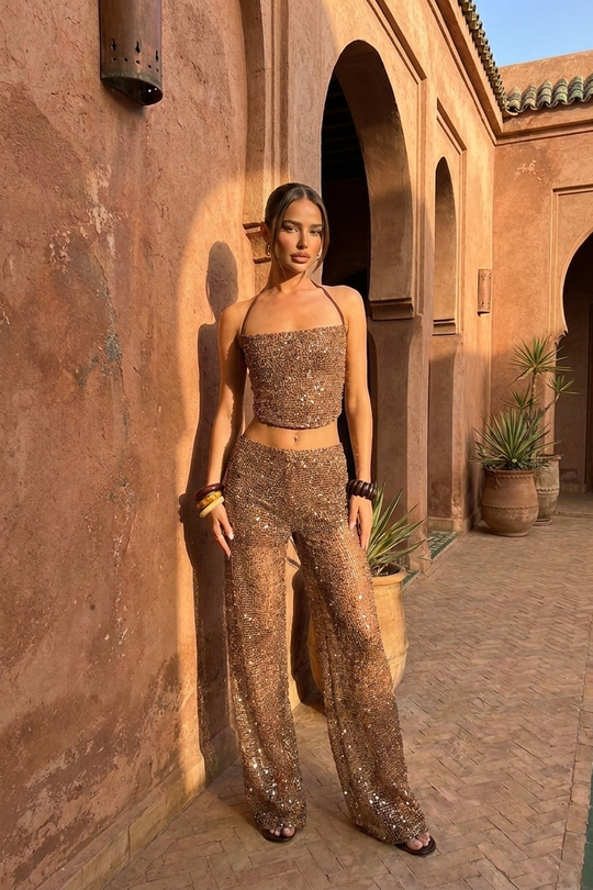 Chocolate Sequin Crochet Top and Trouser Co-ord Set - Effy