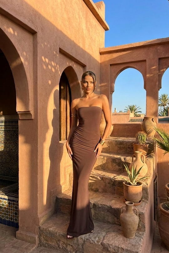 Chocolate Bandeau Drape Detail Maxi Dress - Zadie