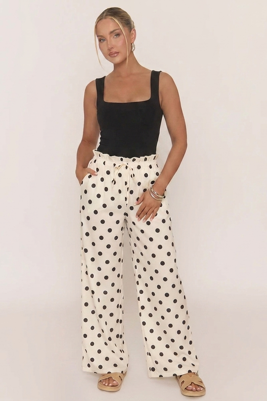 White Polka Dot Print Wide Leg Trousers - Hannah