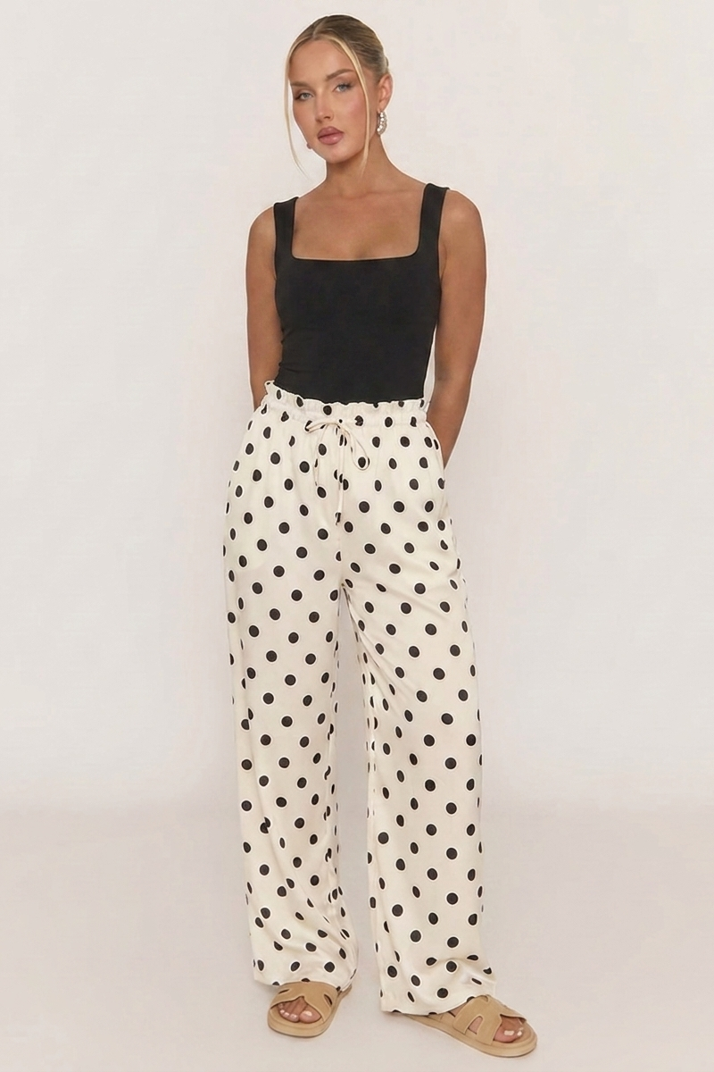 White Polka Dot Print Wide Leg Trousers - Hannah