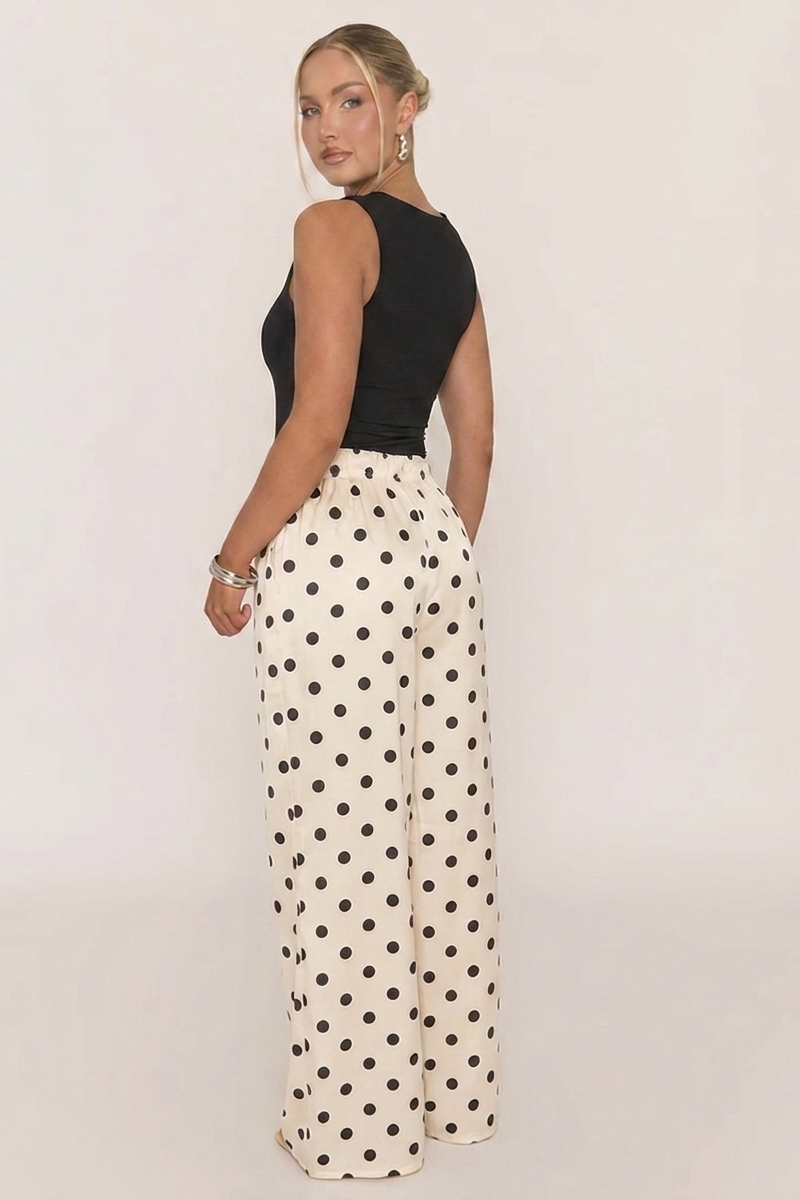 White Polka Dot Print Wide Leg Trousers - Hannah
