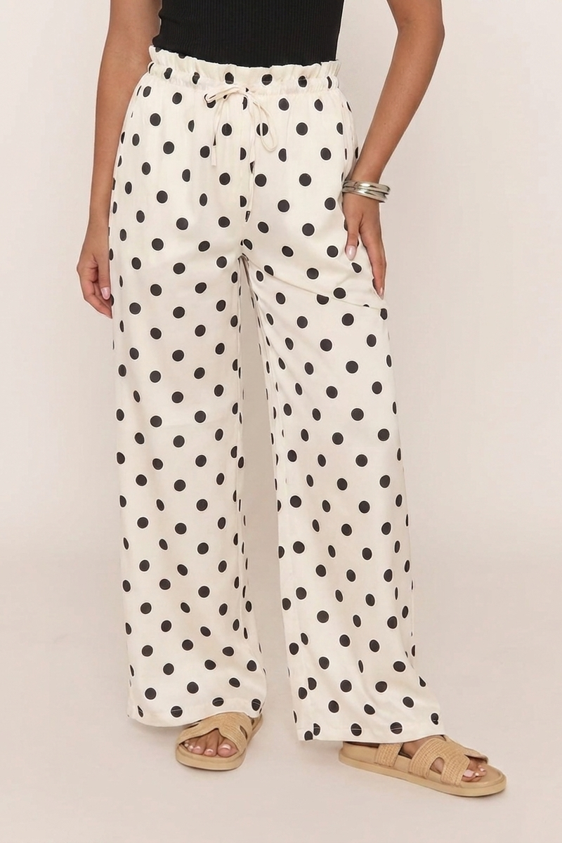 White Polka Dot Print Wide Leg Trousers - Hannah