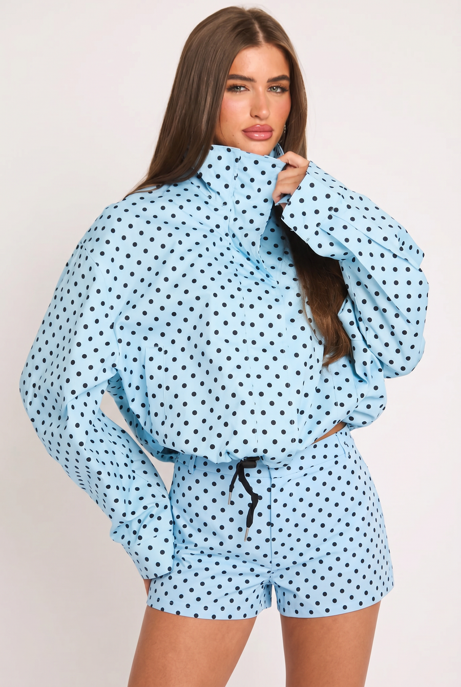 Blue Polka Dot High Neck Zip Through Jacket - Malvin