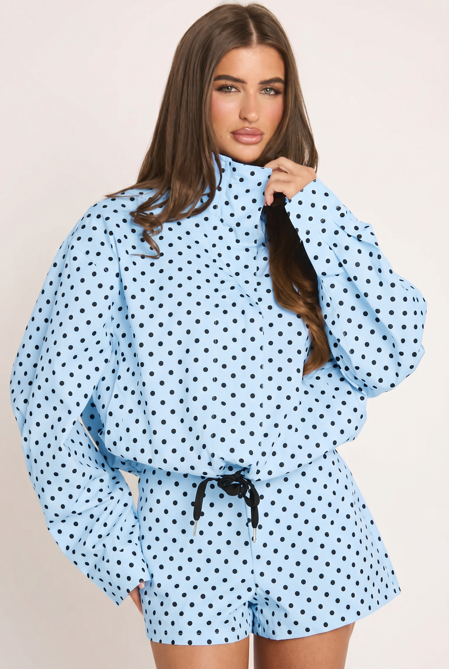 Blue Polka Dot High Neck Zip Through Jacket - Malvin