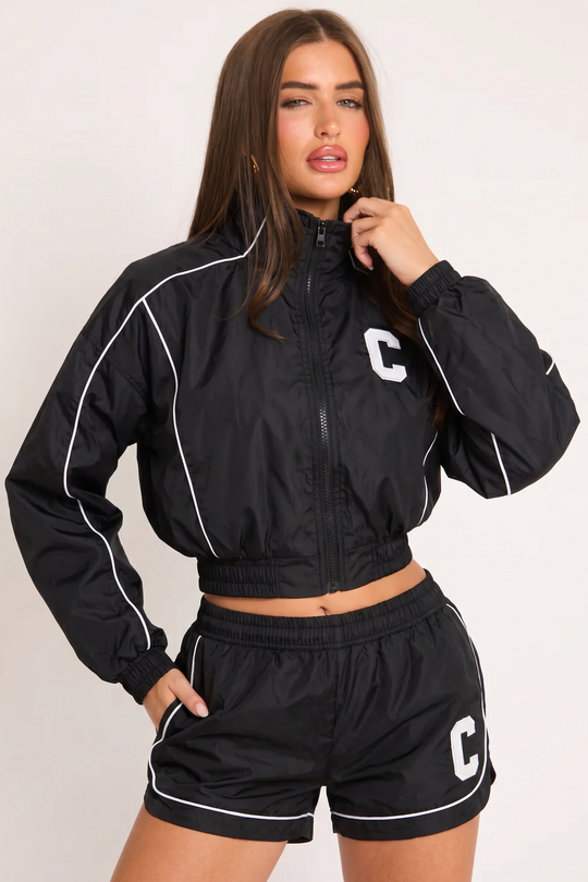 Black Graphic Piping Detail Track Jacket and Shorts Loungewear Co-ord Set - Daisy