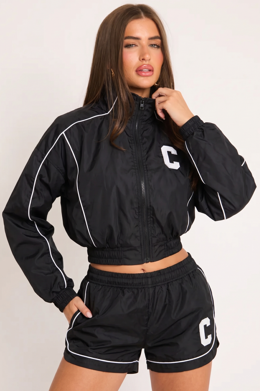 Black Graphic Piping Detail Track Jacket and Shorts Loungewear Co-ord Set - Daisy