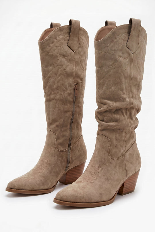 Taupe Faux Suede Embroidered Western Knee High Cowboy Boots - Aylin