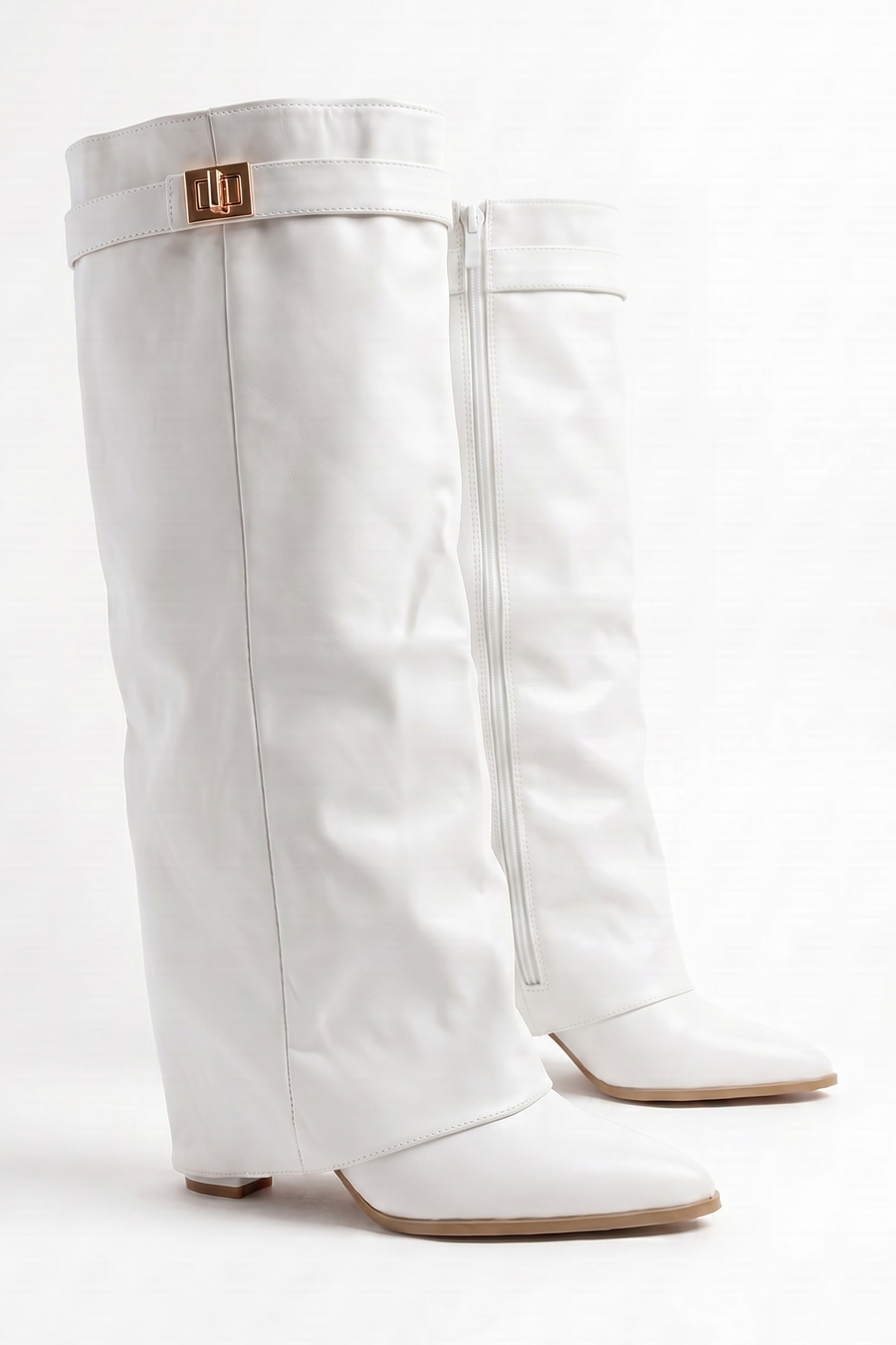 White PU Trim Detail Layered Knee High Boots - Izzy
