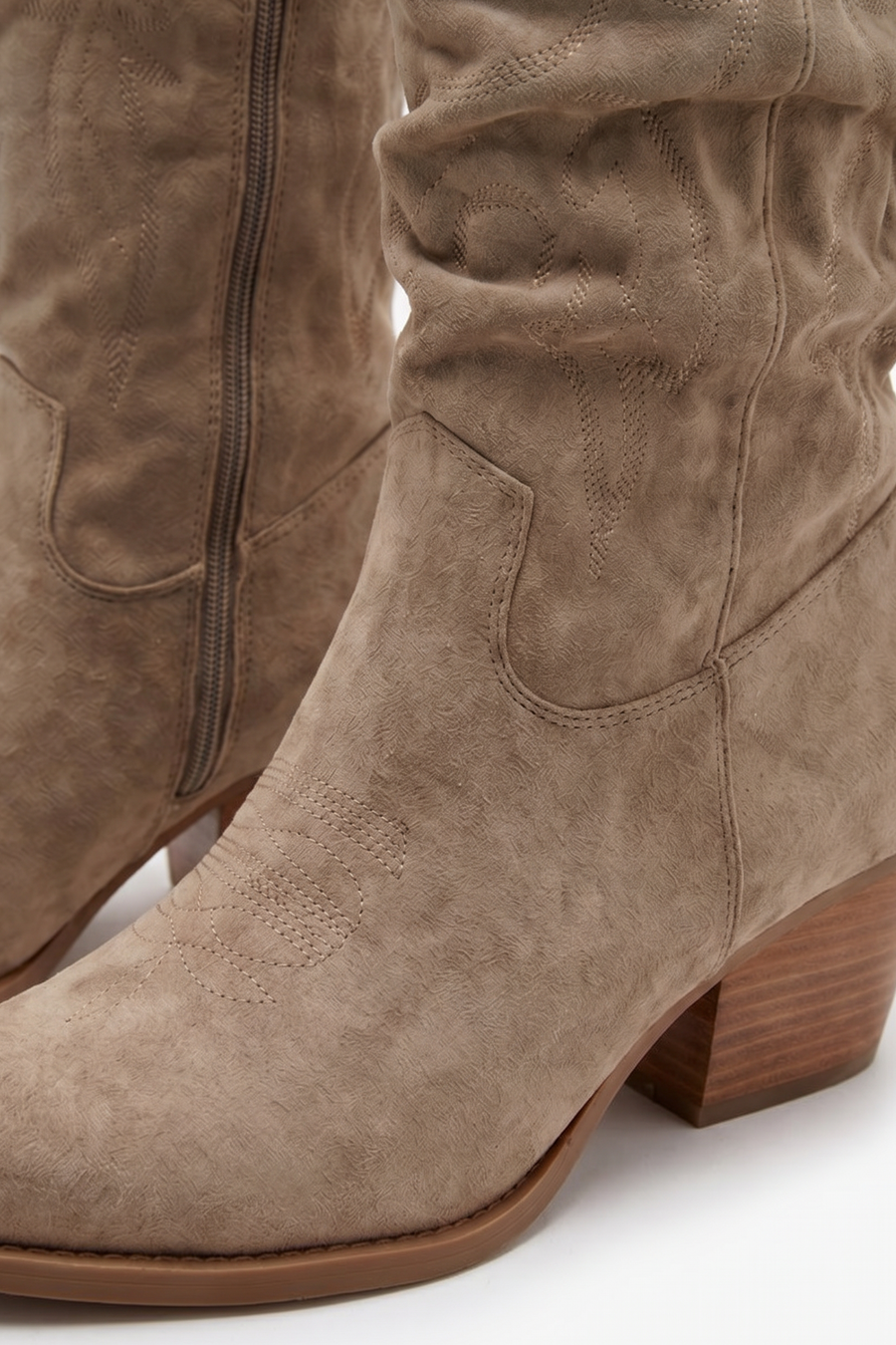 Taupe Faux Suede Embroidered Western Knee High Cowboy Boots - Aylin