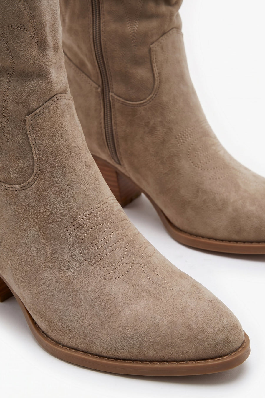 Taupe Faux Suede Embroidered Western Knee High Cowboy Boots - Aylin