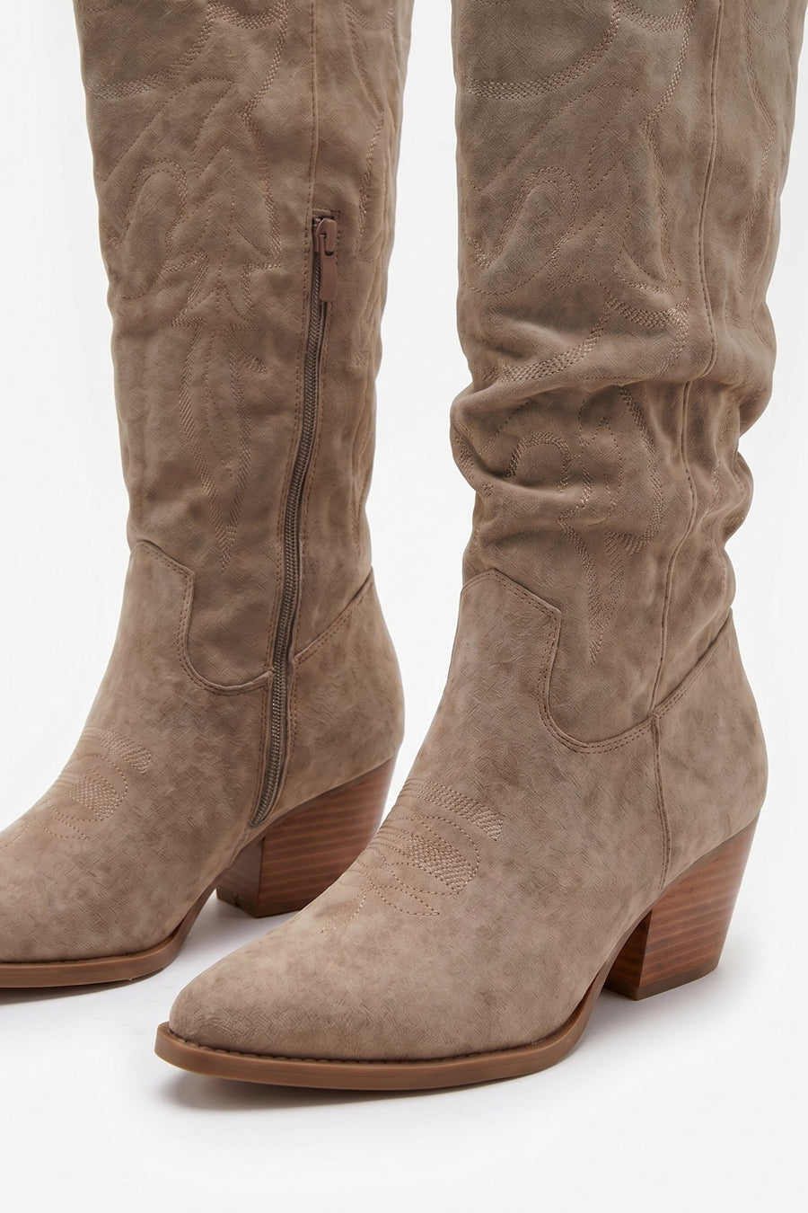 Taupe Faux Suede Embroidered Western Knee High Cowboy Boots - Aylin