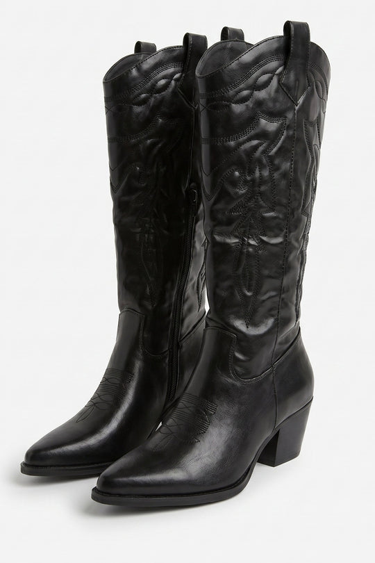 Black PU Embroidered Western Knee High Cowboy Boots - Emberly