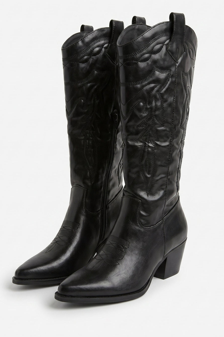 Black PU Embroidered Western Knee High Cowboy Boots - Emberly