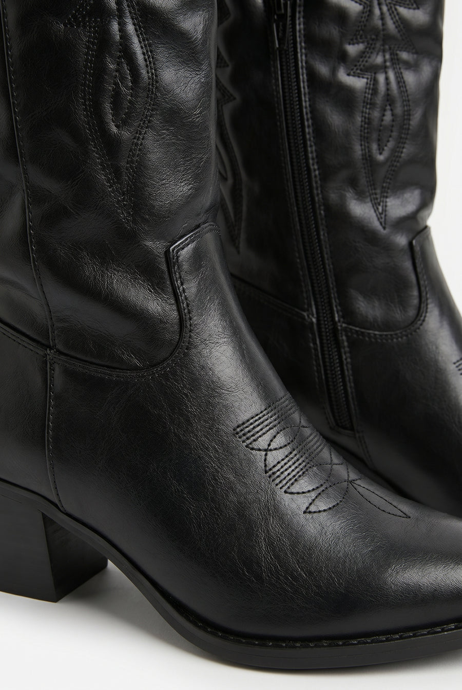 Black PU Embroidered Western Knee High Cowboy Boots - Emberly