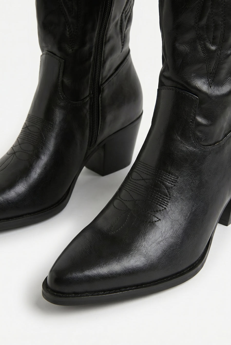 Black PU Embroidered Western Knee High Cowboy Boots - Emberly