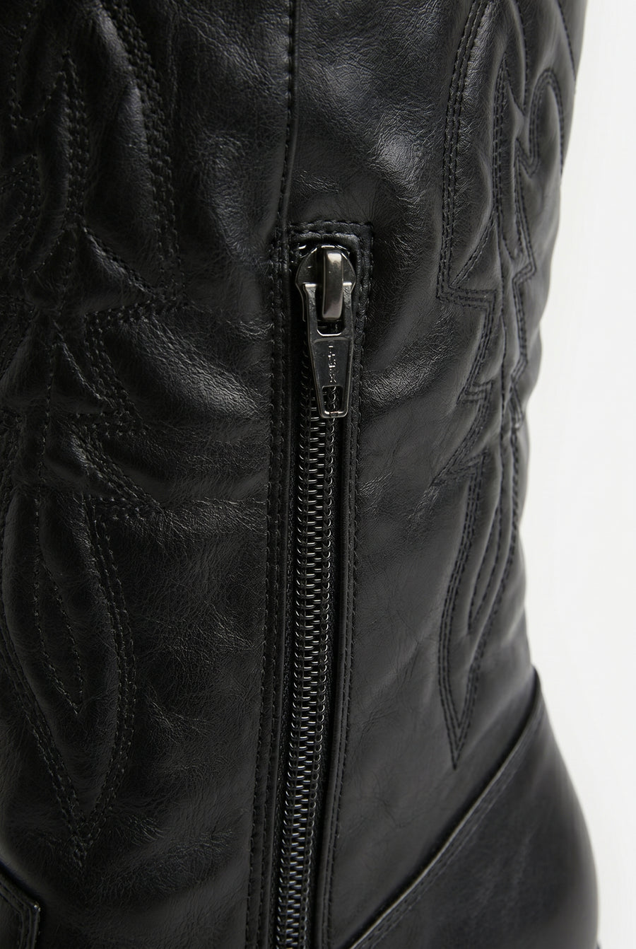 Black PU Embroidered Western Knee High Cowboy Boots - Emberly