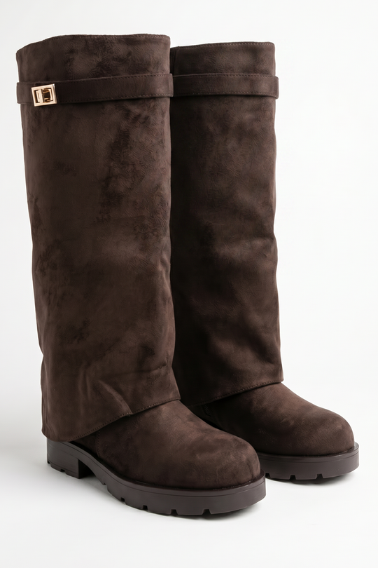 Brown Faux Suede Trim Detail Layered Chunky Knee High Biker Boots - Colban