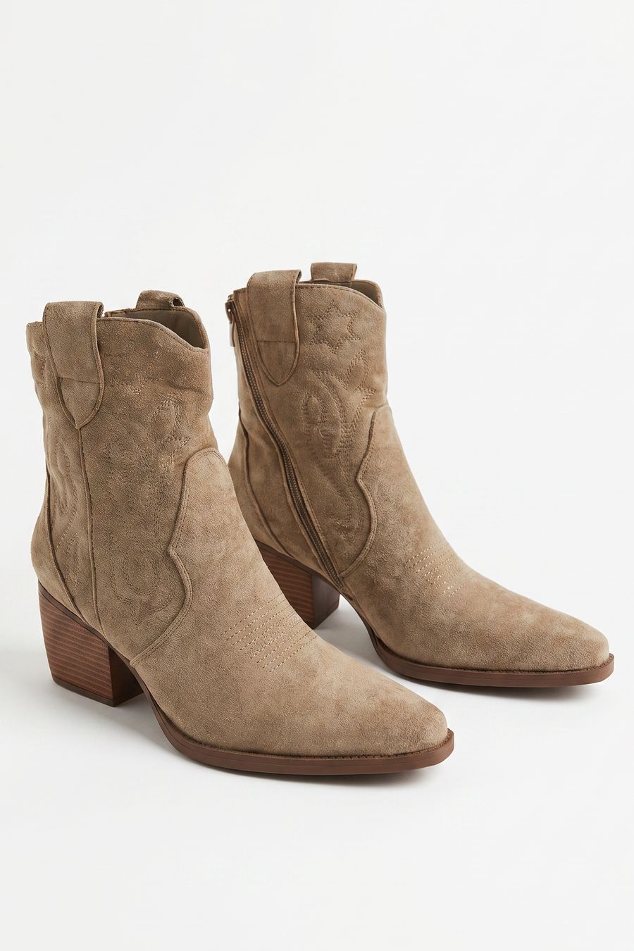 Taupe Faux Suede Embroidered Western Cowboy Ankle Boots - Mindy