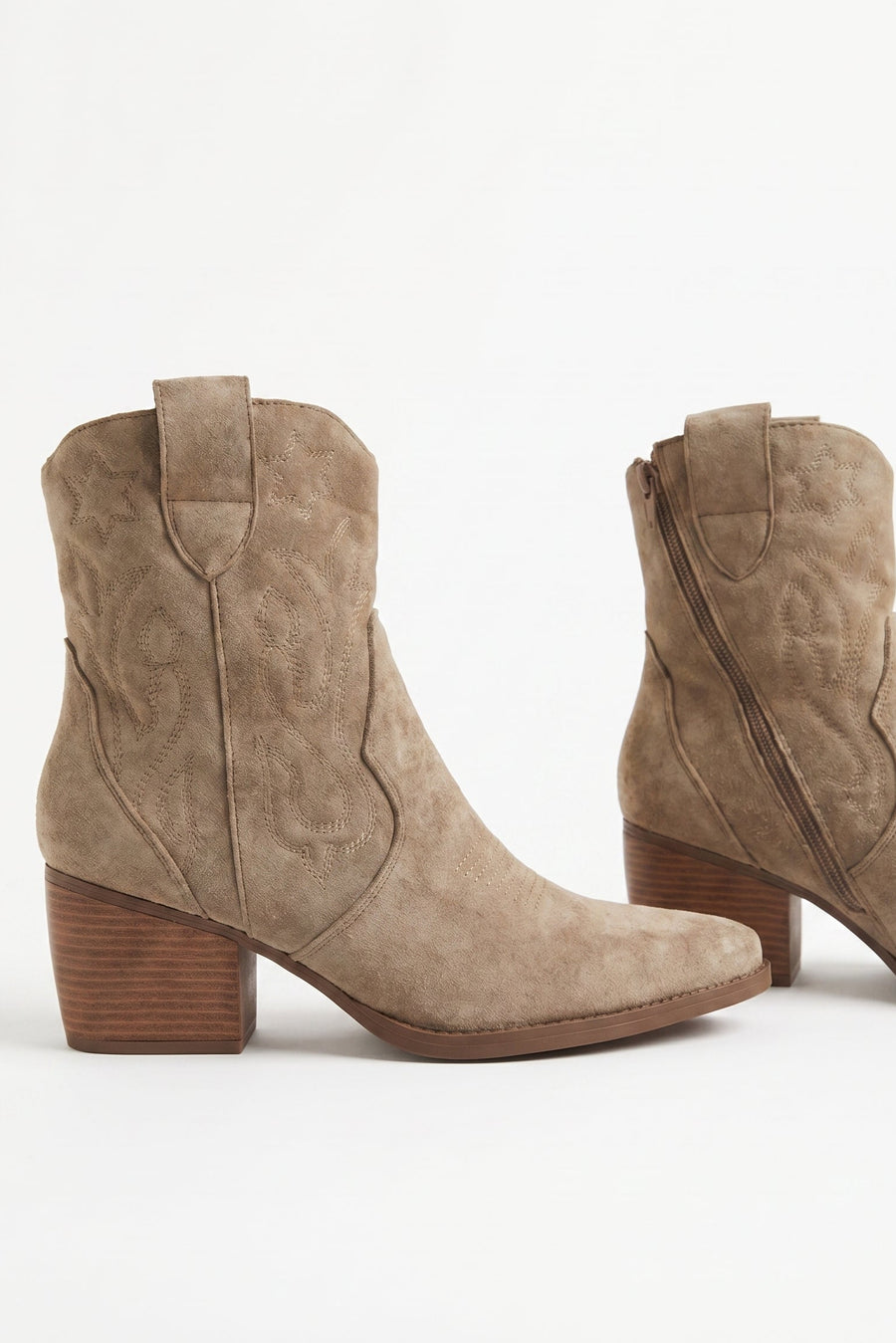 Taupe Faux Suede Embroidered Western Cowboy Ankle Boots - Mindy