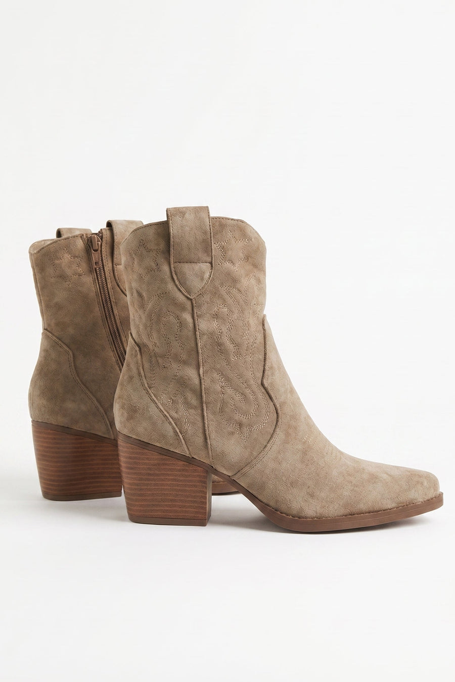 Taupe Faux Suede Embroidered Western Cowboy Ankle Boots - Mindy