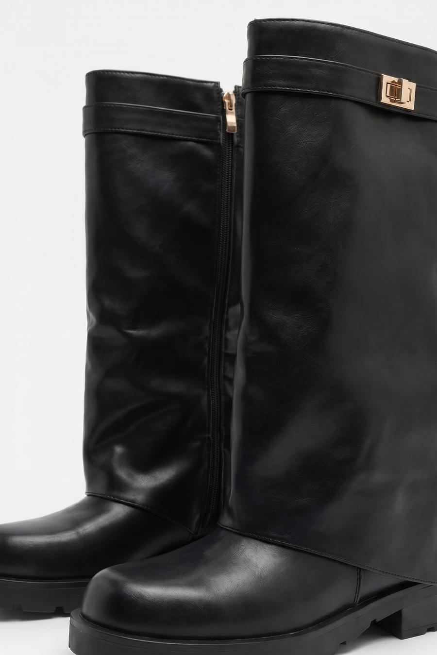 Black PU Trim Detail Layered Chunky Knee High Biker Boots - Codie