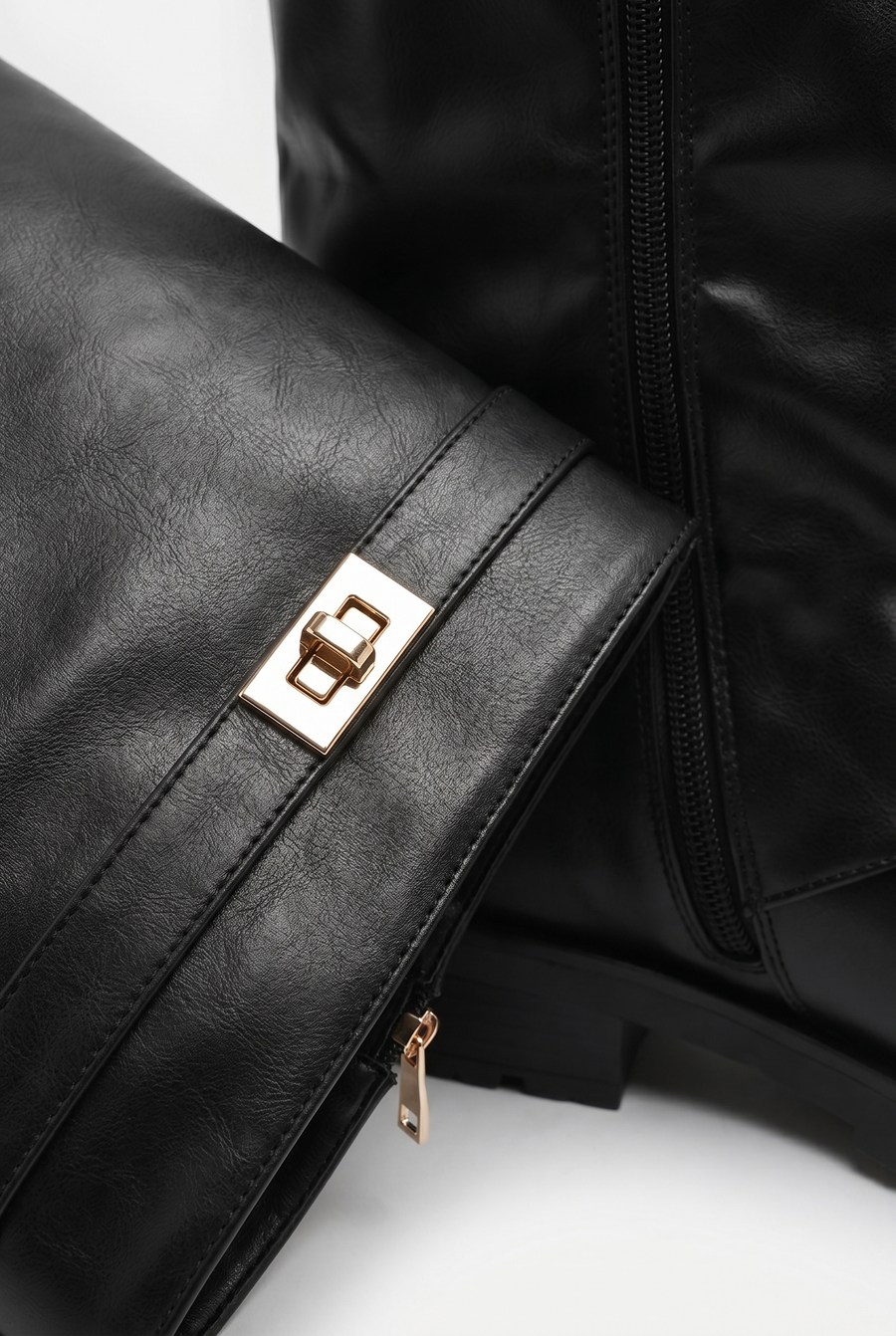 Black PU Trim Detail Layered Chunky Knee High Biker Boots - Codie