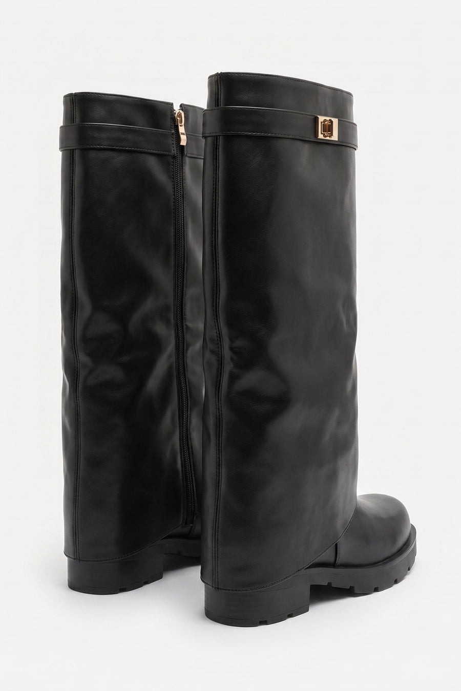Black PU Trim Detail Layered Chunky Knee High Biker Boots - Codie