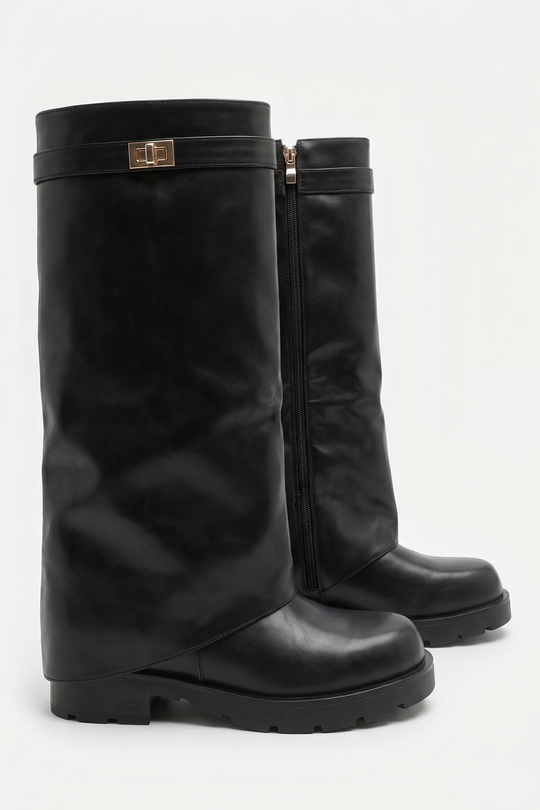 Black PU Trim Detail Layered Chunky Knee High Biker Boots - Codie