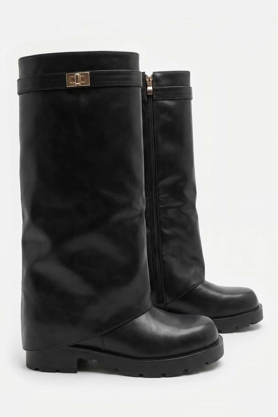 Black PU Trim Detail Layered Chunky Knee High Biker Boots - Codie