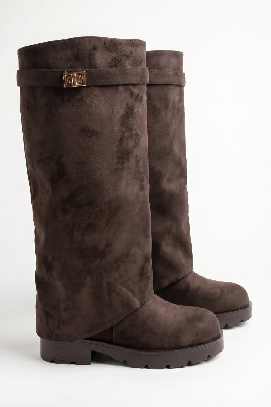 Brown Faux Suede Trim Detail Layered Chunky Knee High Biker Boots - Colban