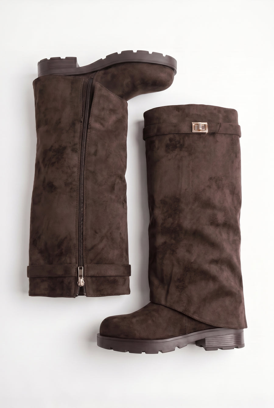 Brown Faux Suede Trim Detail Layered Chunky Knee High Biker Boots - Colban