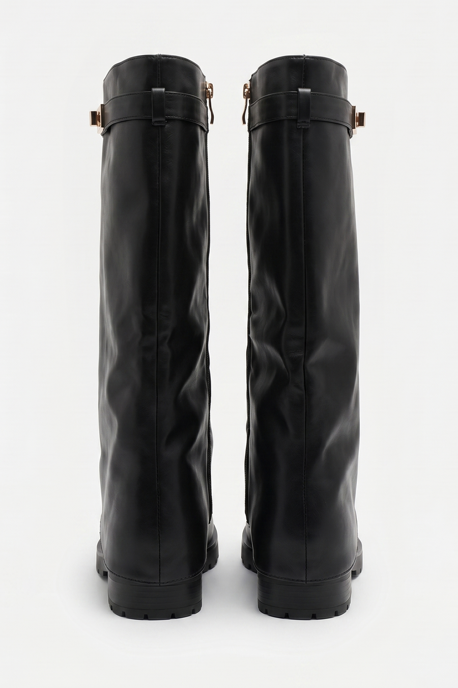 Black PU Trim Detail Layered Chunky Knee High Biker Boots - Codie