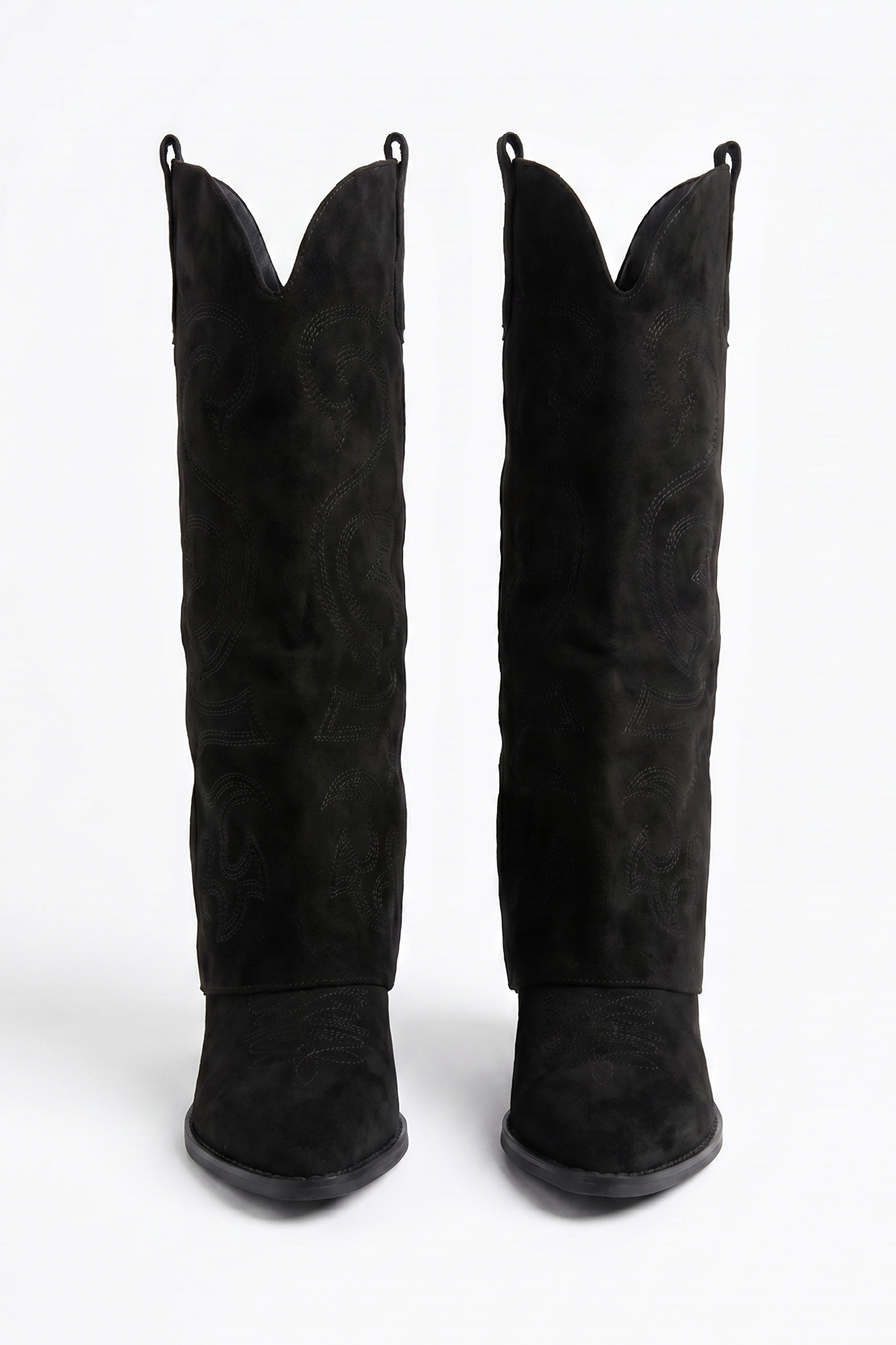 Black Faux Suede Layered Knee High Cowboy Boots - Saskia