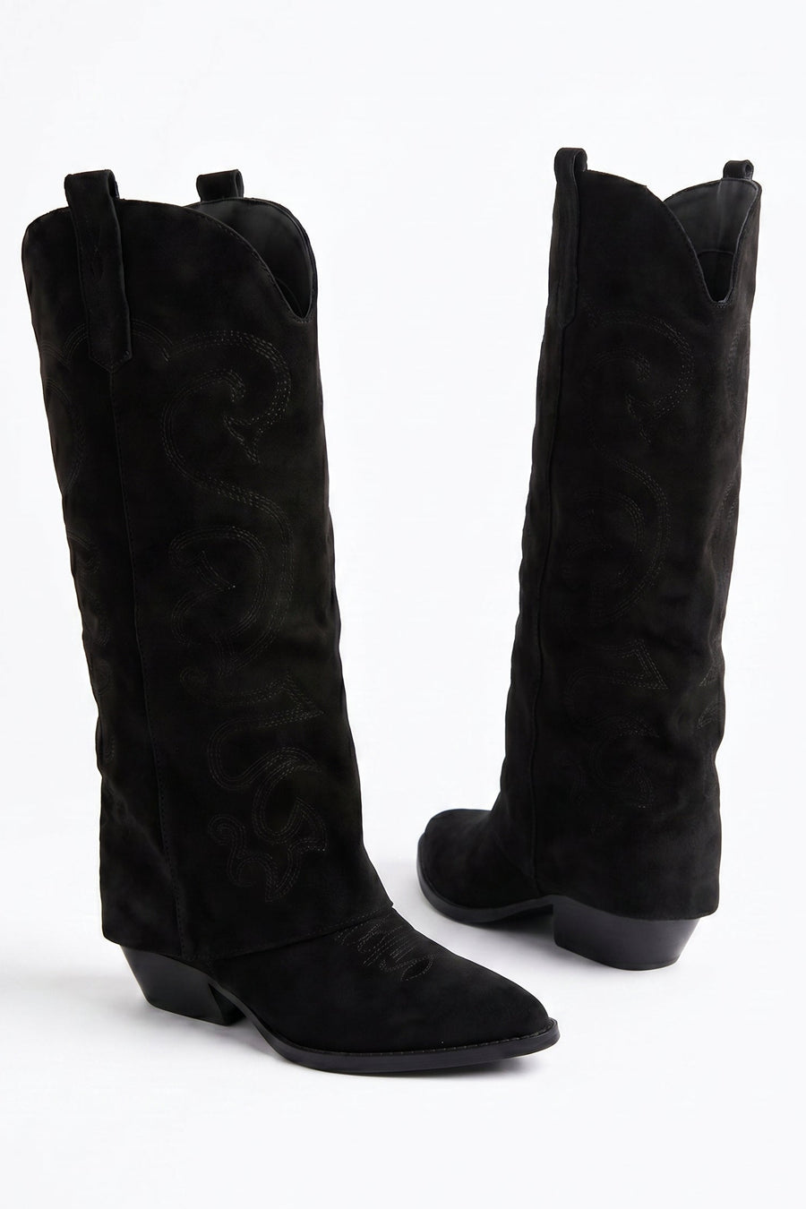 Black Faux Suede Layered Knee High Cowboy Boots - Saskia