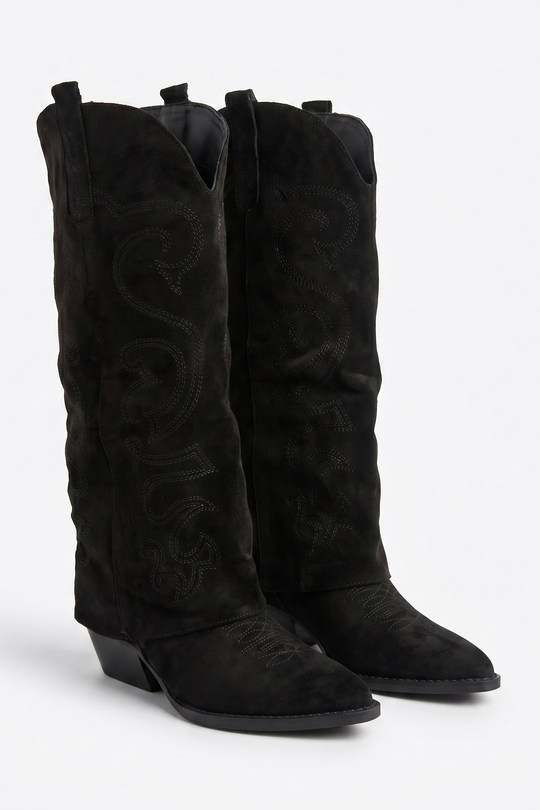 Black Faux Suede Layered Knee High Cowboy Boots - Saskia