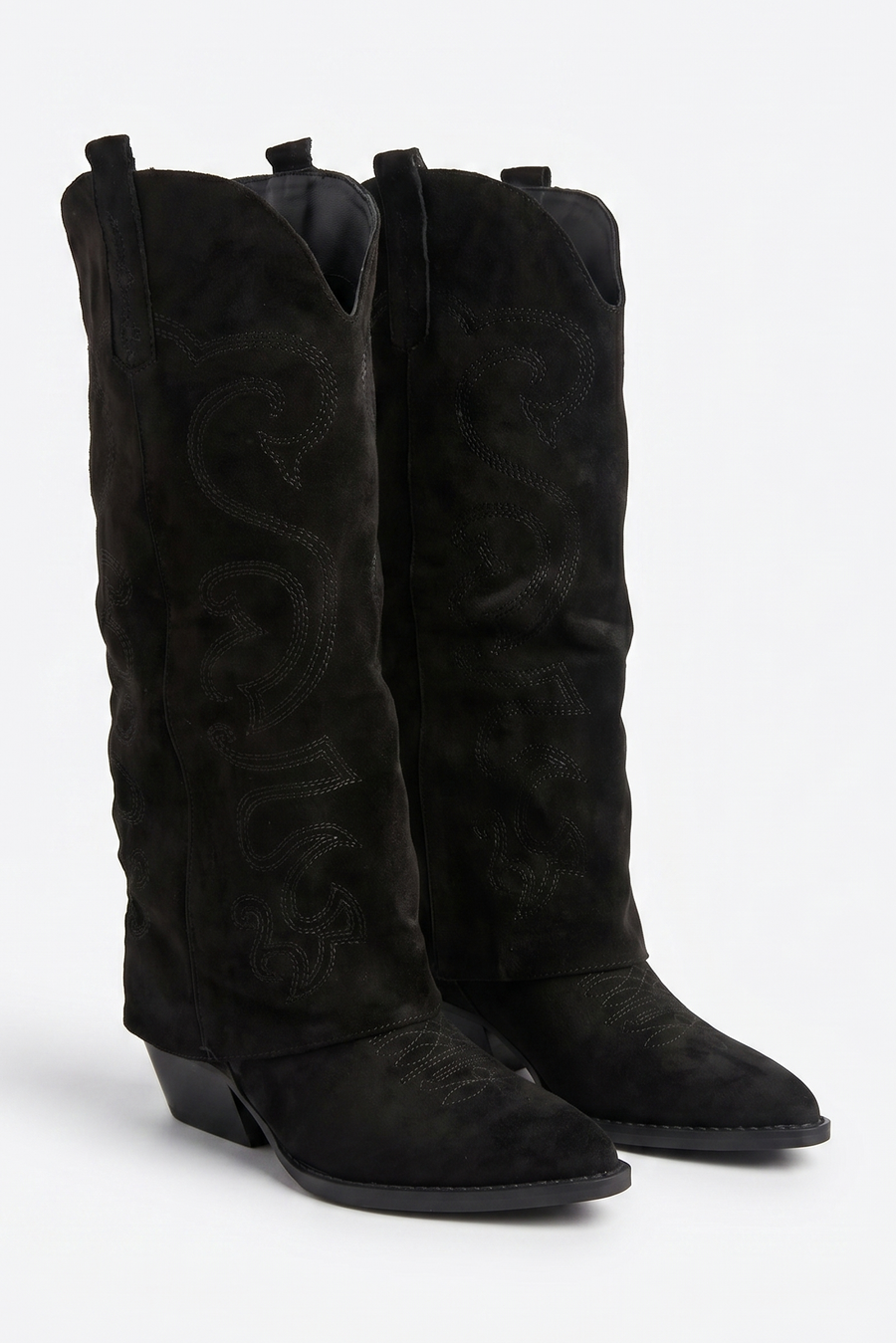 Black Faux Suede Layered Knee High Cowboy Boots - Saskia