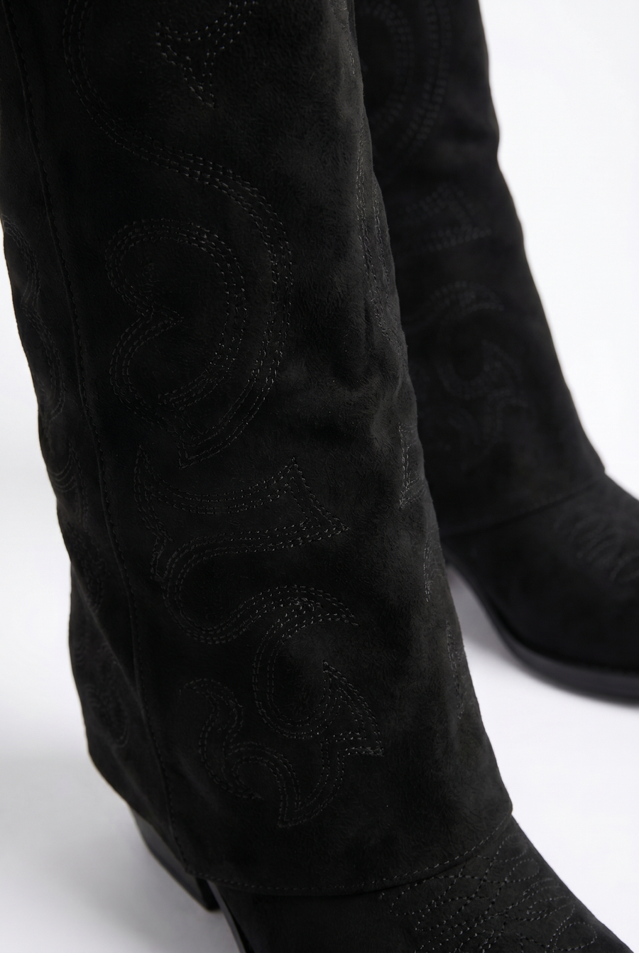 Black Faux Suede Layered Knee High Cowboy Boots - Saskia