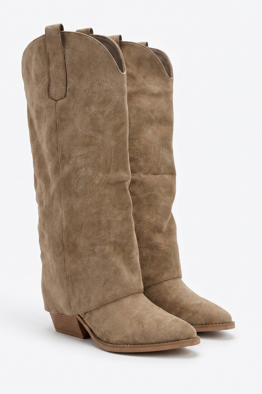 Taupe Faux Suede Layered Knee High Cowboy Boots - Saskia