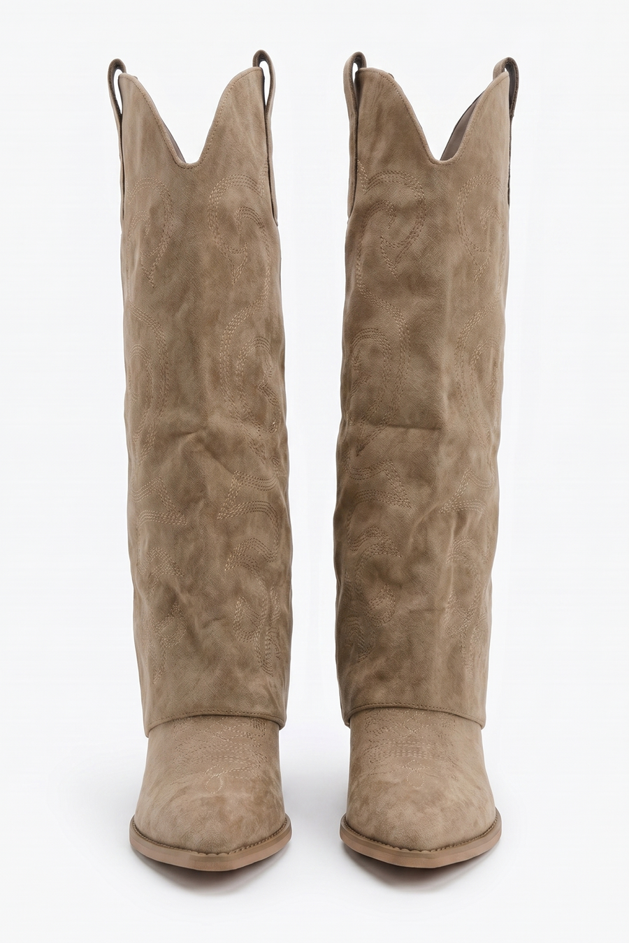 Taupe Faux Suede Layered Knee High Cowboy Boots - Saskia
