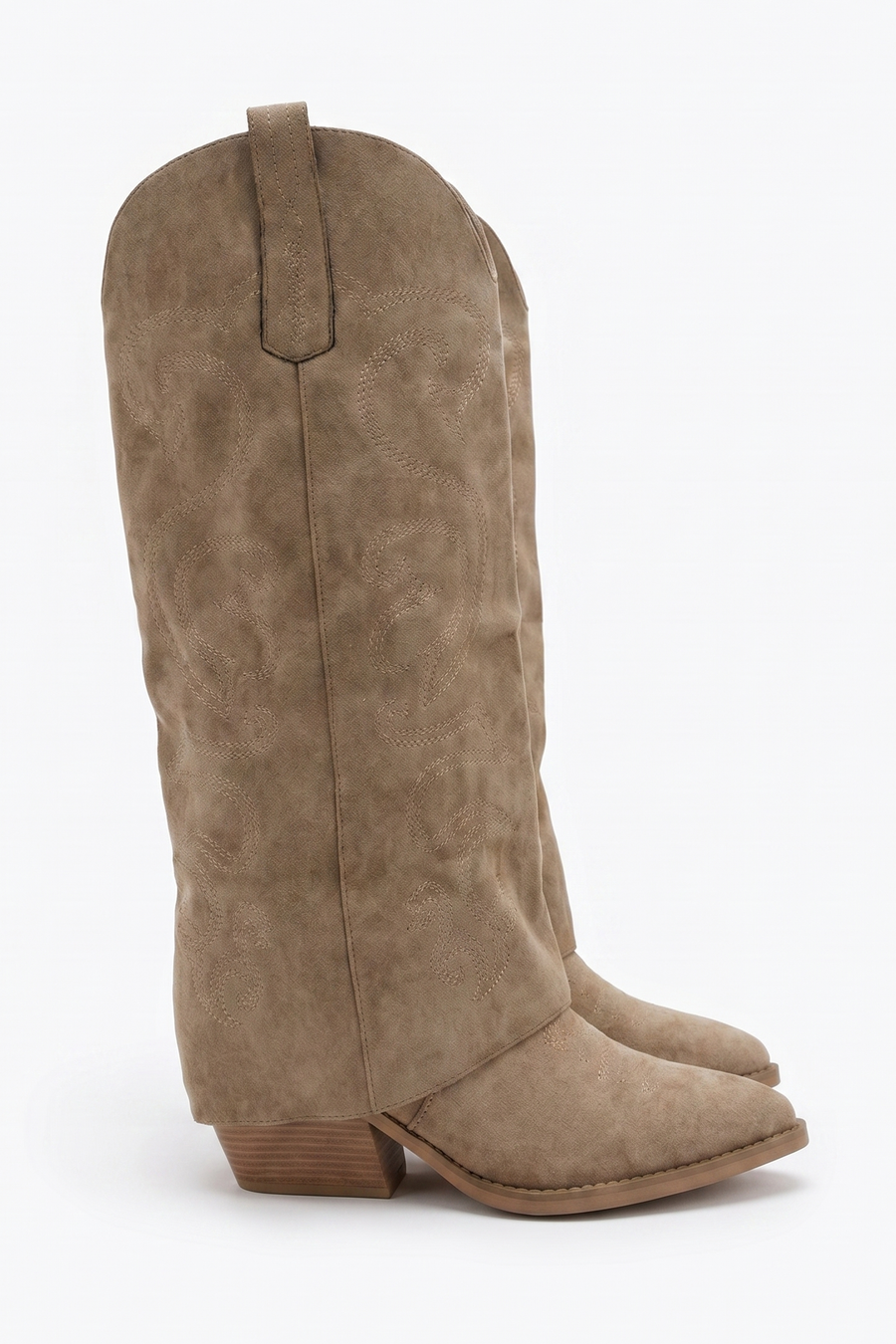 Taupe Faux Suede Layered Knee High Cowboy Boots - Saskia