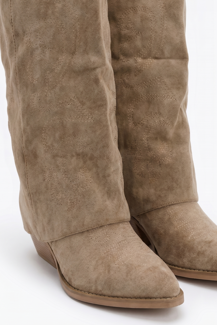 Taupe Faux Suede Layered Knee High Cowboy Boots - Saskia